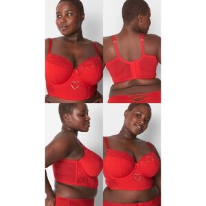 Cacique Red Lace Longline Underwire Bra 42DD Heart Detail Gold Hardware Lingerie